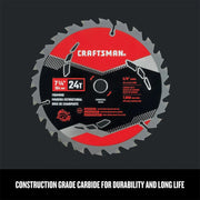Photo of Craftsman circular saw blade CMAS372524, 7-1/4 inch, 24T, red and black face, white background, graphics category.