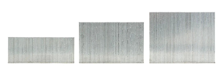 Photo of three sizes of Craftsman finish nails, silvery, model CMFN16PP, on white background.