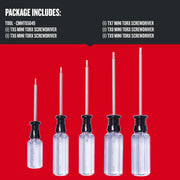 Photo of CRAFTSMAN mini Torx screwdriver set CMHT65049 with five screwdrivers, clear handles, front view, red background.