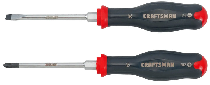 Photo of Craftsman screwdriver set CMHT65619V with one flathead and one Phillips, black and red handles, side angle.