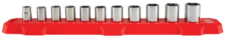 Craftsman socket set CMMT12043 with 13 chrome sockets on a red organizer, front angle, white background.