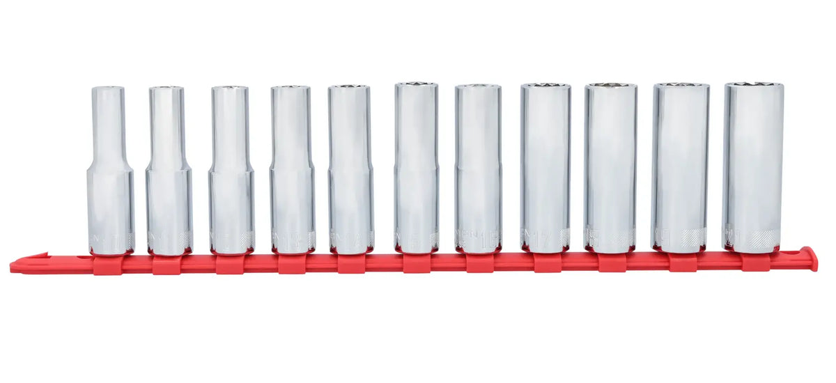 Photo of Craftsman CMMT12049 12-piece chrome deep socket set on red organizer, front angle, white background.