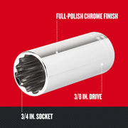 Craftsman socket CMMT43317, 3/4 inch size, 3/8 inch drive, full-polish chrome finish, side angle photo.