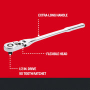 Craftsman 1/2 in. drive 72-tooth ratchet with flexible head and extra-long handle, SKU CMMT99430, side angle.