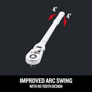 Craftsman chrome ratchet wrench CMMT99430, side angle, featuring 72-tooth design for improved arc swing.