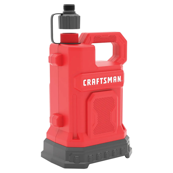 A red plastic Craftsman portable water container with a black screw cap open and attached by a strap. The container has a sturdy handle at the top and a wide black base.